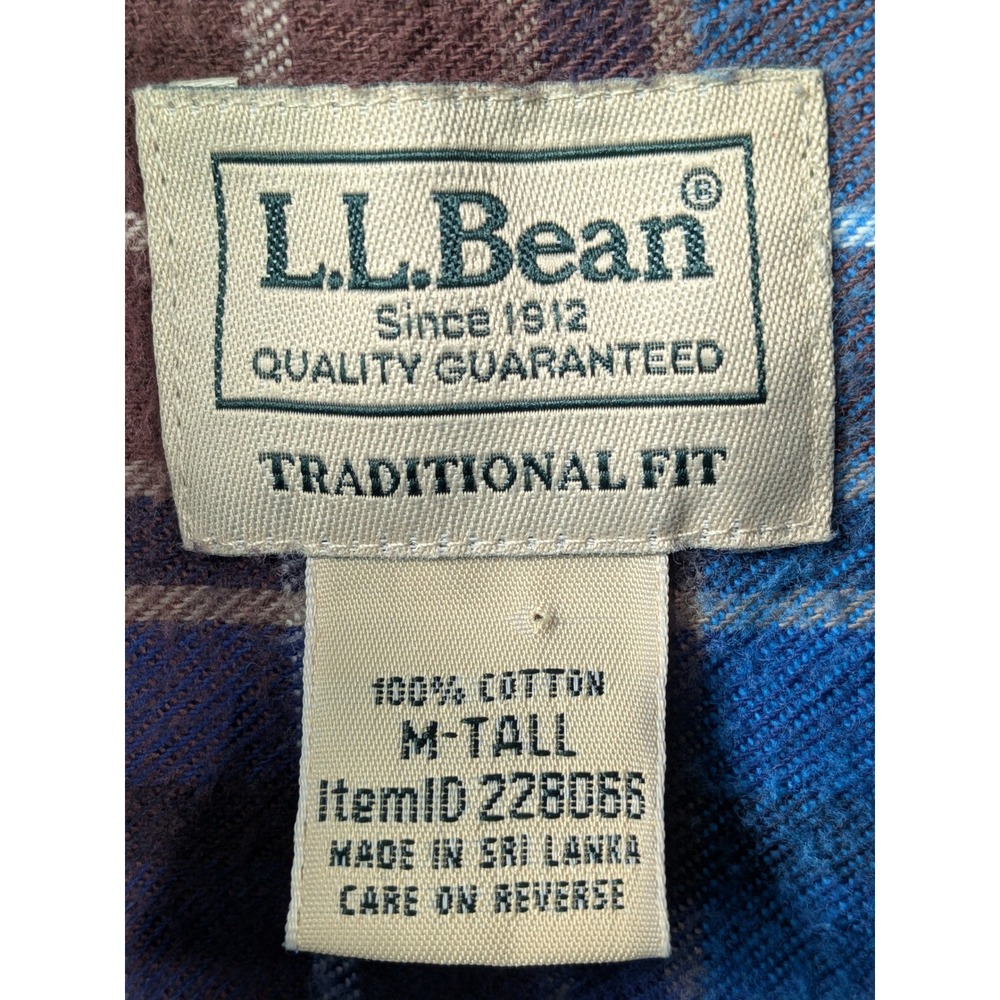 LL Bean Mens M Tall Flannel Shirt Traditional Fit Blue Brown Plaid Long Sleeve - Picture 4 of 10